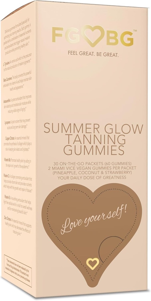 Lato Glow Tanning Gummies - Miami Vice Flavor - Ananas, Kokosowy, & Truskawka - Wegan - Gluten- Free - Darmowy - Naturalne składniki odżywcze - Podstawowe składniki odżywcze - Rozmiar podróży - 30 -Day Supply