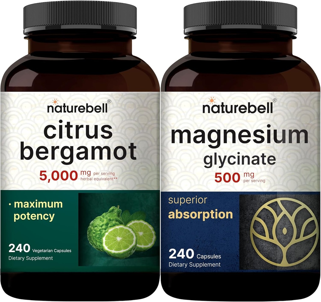 NatureBell Magnezu Glicynian Kapsułki 500 mg & Citrus Bergamot Veggie Kapsułki 5000 mg Równoważny Bundle Pack Pentagon 124; Chelated & Oczyszczony Mineral Pentagon 124; Wysoki poziom przeciwutleniaczy