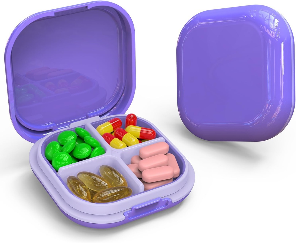 Codzienne Pill Organizator 4 Komory, Małe Pudełko Pill Przenośny Pill Case, Mini Pojemnik Pill do kieszeni torebki, Compact Travel Medicine Organizer for Witamina, Olej z wątroby dorsza, Suplement (Purpurowy)