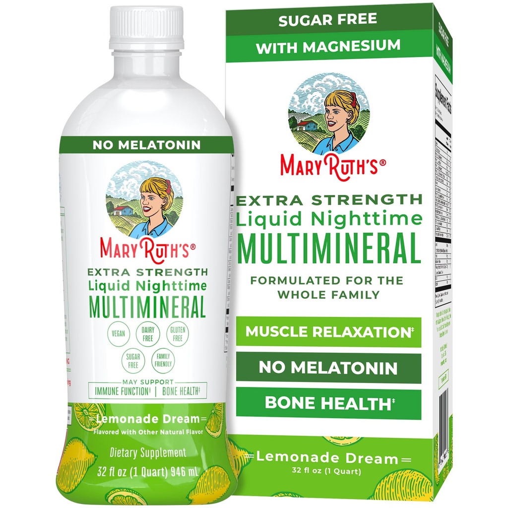 MaryRuth Organics Extra Siła Nighttime Liquid Multimineral Bilans 124; Cukier wolny 124; Ciekły Magnezu Cytrate 124; NO Melatonin 124; Wapń Magnezu Cynk 124; Zrelaksowanie mięśni 124; Lemonade Flavor 124; Wegan 124; 32 Podawanie