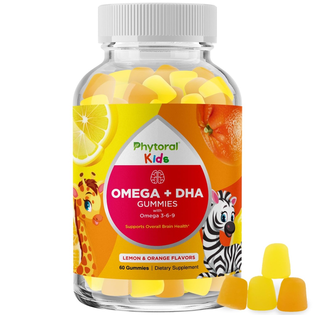 Dzieci Omega i Gummie DHA - Kwasy tłuszczowe Omega 3 6 9 z witaminą C dla Wizji - Żywotna DHA dla dzieci dla zdrowego układu nerwowego i wsparcia skupienia - Wolny od ryb - 60