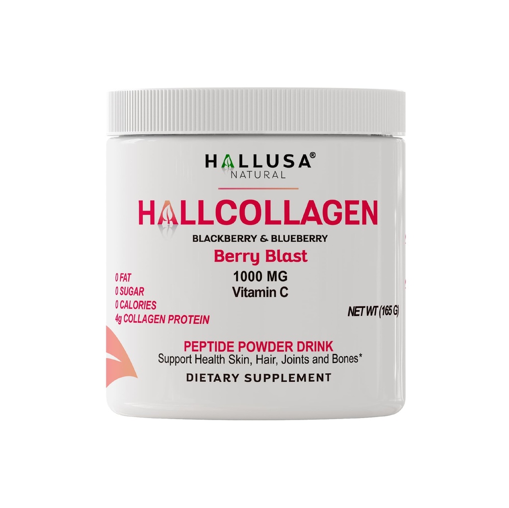 Hallusa Natural Zhydrolizowany Kolagen Peptydy Proszek 1000mg z witaminą C 124; BlackBerry & Blueberry Flavor 124; 4g Kolagen na serwowanie 124; Zdrowe włosy, skóra, paznokcie, kości i wspólne wsparcie
