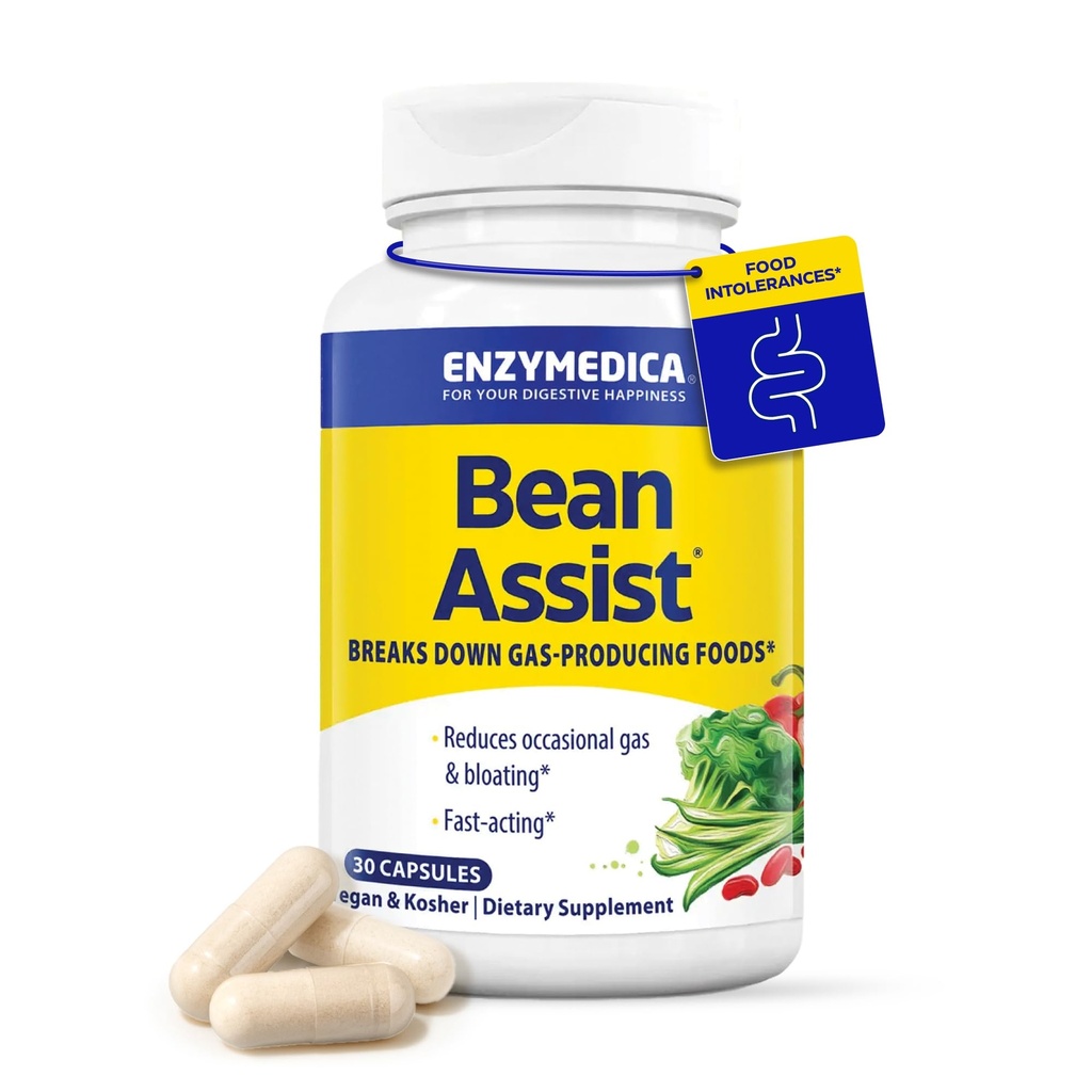 Enzymedica, BeanAssist, Alpha Galactosidase Enzyme for Digestive Support, Redukuje sporadyczne Gaz & Bloating z Fasoli, Brokuły & Legumy, Enzymy dla Kobiet i Mężczyzn, 30 Hrabia