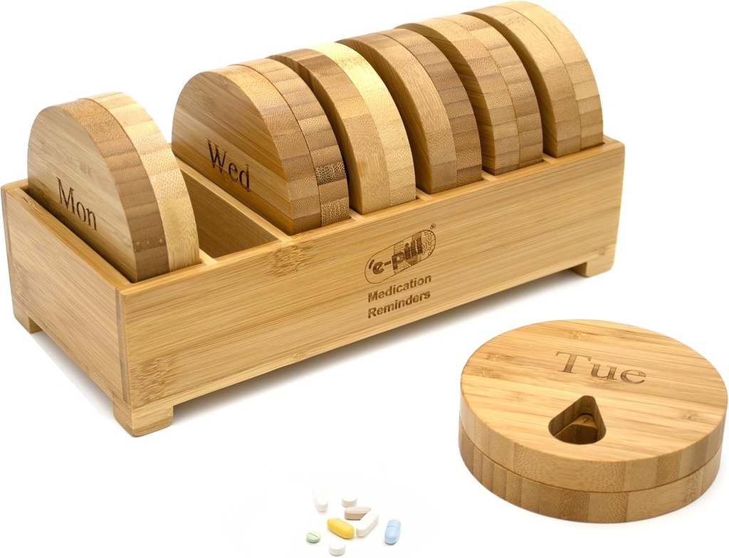 e- Pill Bamboo Weekly Pill Organizer, 7 Day Pill Box dla tabletek, witaminy lub suplementy
