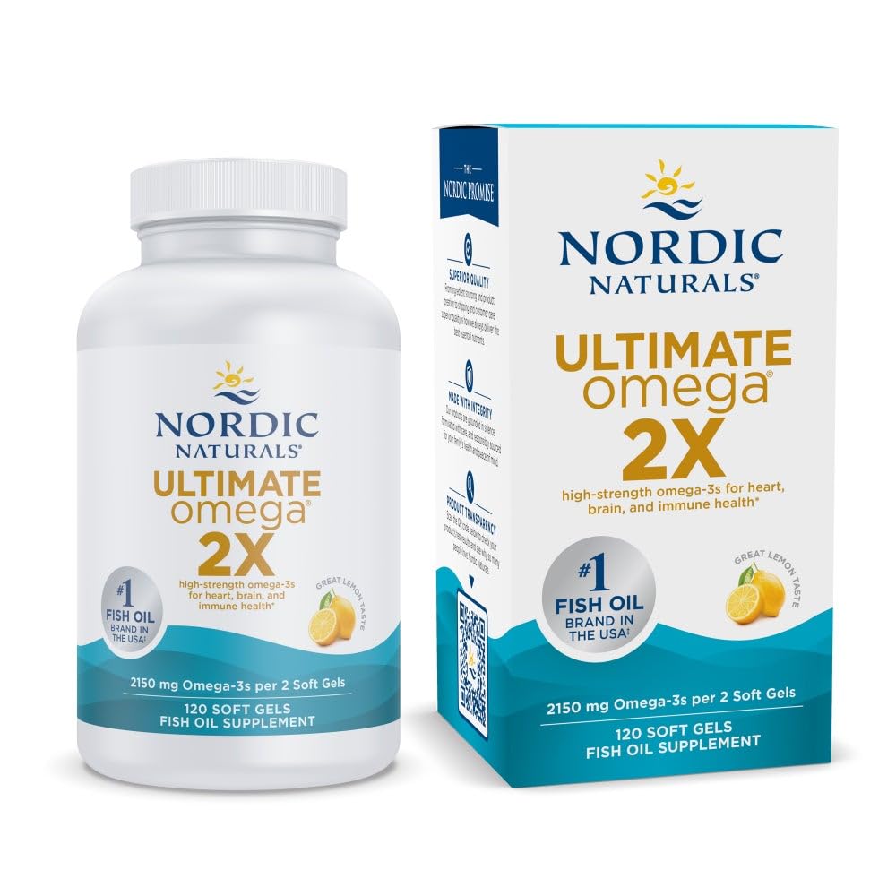 Nordic Naturals Ultimate Omega 2X, Lemon Flavor - 120 Soft Gels - 2150 mg Omega-3 - Wysokiej mocy olej rybny z EPA & DHA - Promotes Brain & Heart Health - Non-GMO - 60 Servings