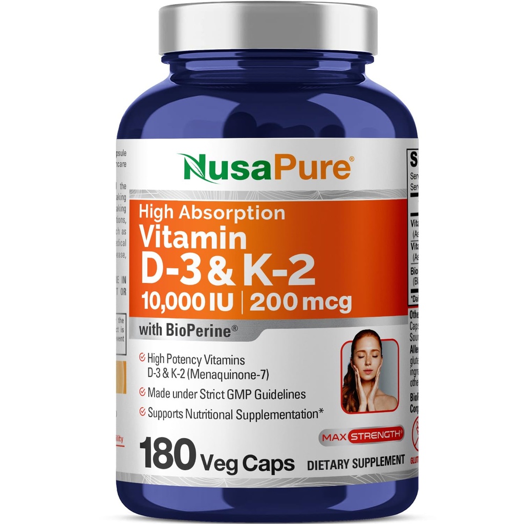 NusaPure Witamina K2 (MK7) (200mcg) + Witamina D3 (10000 j. m.) 180 Czapki Veg - Biochina, Soyfree, Non-GMO