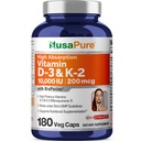 NusaPure Witamina K2 (MK7) (200mcg) + Witamina D3 (10000 j. m.) 180 Czapki Veg - Biochina, Soyfree, Non-GMO