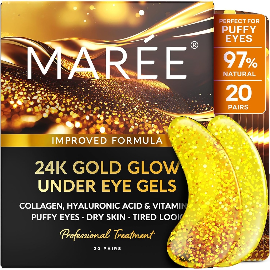 MAREE 24k Gold Under Eye żele do ciemnych kręgów i puffness - Collagen & Hyaluronic Acid Skincare Żel Pad - Gold Eye Patches for Puffy Eyes and Dark Circles - Under Eye Masks - Travel Essentials