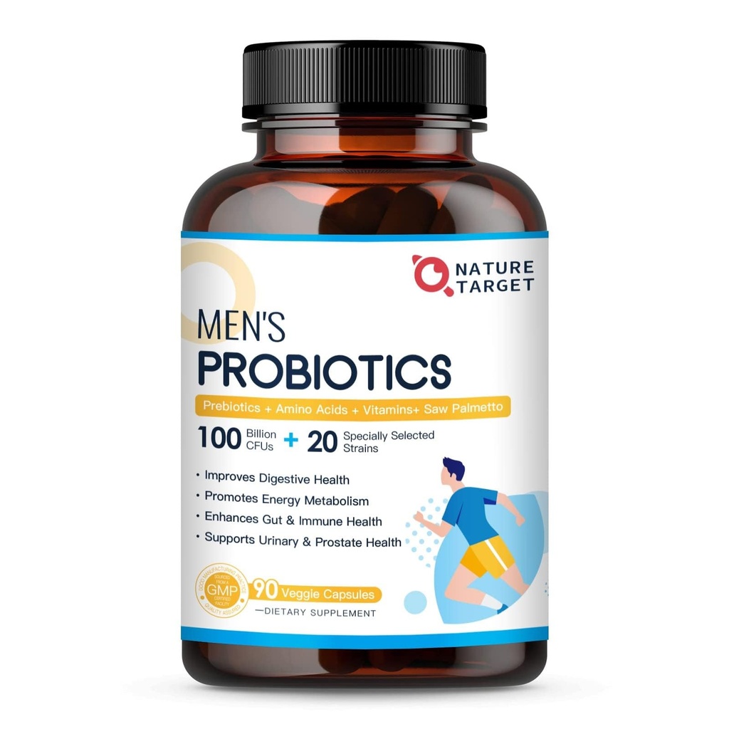 NATURE DOCELOWE Probiotyki dla mężczyzn Digestive Health z enzymami i prebiotykami, 100 Miliard CFU, Probiotyki mężczyzn z Saw Palmetto & Żurawina dla Prostate & Urynary Tract Health, 90 VeggieCapsules