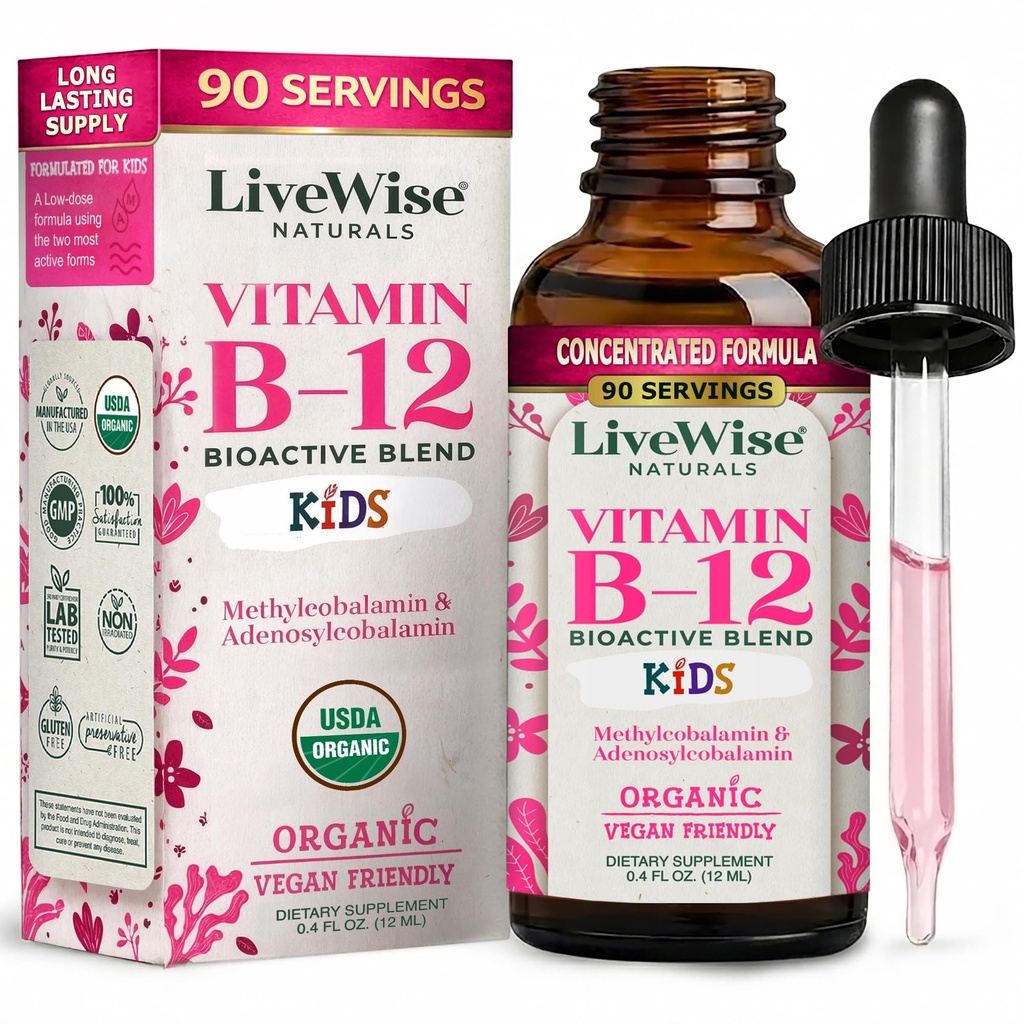 LiveWise Naturals Witamina B12 Krople płynne dla dzieci 124; Toddlers and Children I Methylcobalamine and Adenozylcobalamine 124; USDA Organic I Vegan 124; Non-GMO Digital 124; Gluten Free Digital 124; Niska dawka