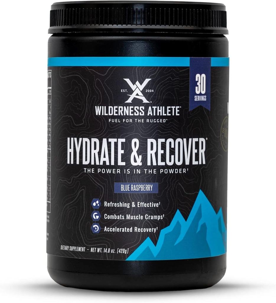 Wilderness Athlete - Hydrate & Recover Recover 124; Płynny proszek do nawodnienia Drink Electrolyte - Recover Faster with Bcaas - Hydrate Powder with 1000mg of Witamina C - 30 Serving Tub (Blue Malina)
