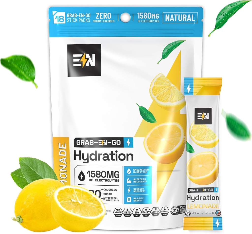 Engineering Nutrition Sugar-Free Electrolyte Powder Packets - Lemoniada Flavor - Keto Hydration Pakiety w / Magnezu, potasu i sodu - Zero Calorie, Wegan, Non-GMO, Gluten- Free 18 Single Servings
