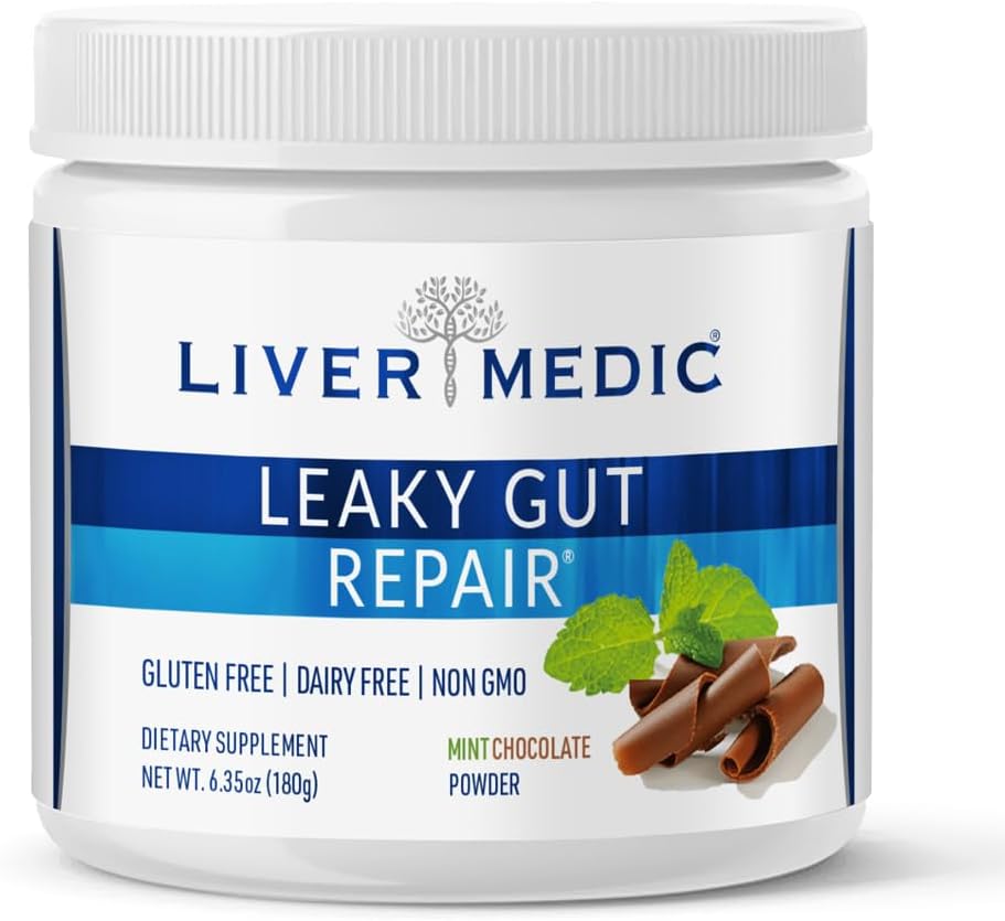 Leaky Gut Repair, Gut L Gutamina Proszek, dla optymalnego zdrowia Gut, łagodzi problemy z dziąseł, takich jak wzdęcia i IBS, Gluten- Free Gut suplementy zdrowia dla kobiet i mężczyzn, miętowa czekolada, 180 g - Wątroba Medic