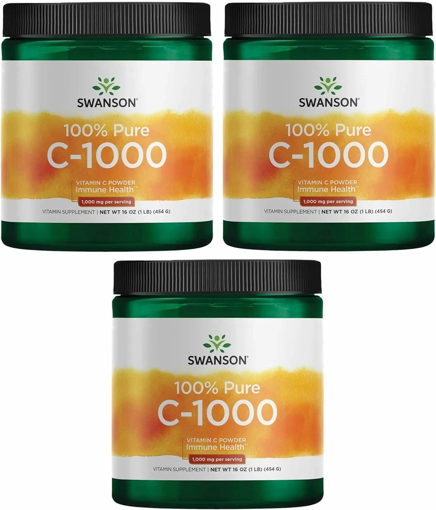 Swanson Witamina C Proszek 100% Czysty kwas askorbinowy, Wsparcie układu immunologicznego, Zdrowie skóry, Zdrowie układu sercowo- naczyniowego, Suplement przeciwutleniający 1000 mg (na porcję) 1 lb. 454 g (3 opakowania)