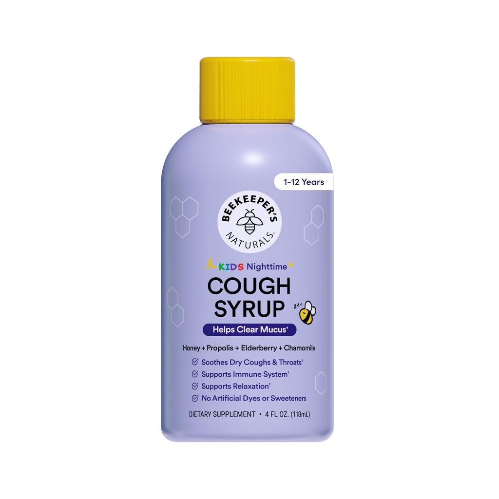 Beekeeper's Naturals Propolis Honey Cough Syrup Nighttime for Kids Immune Support with Propolis, Elderberry & Raw Honey - Sleep Support with Chamomile & L-Theanine - Gluten Free, 4 oz.