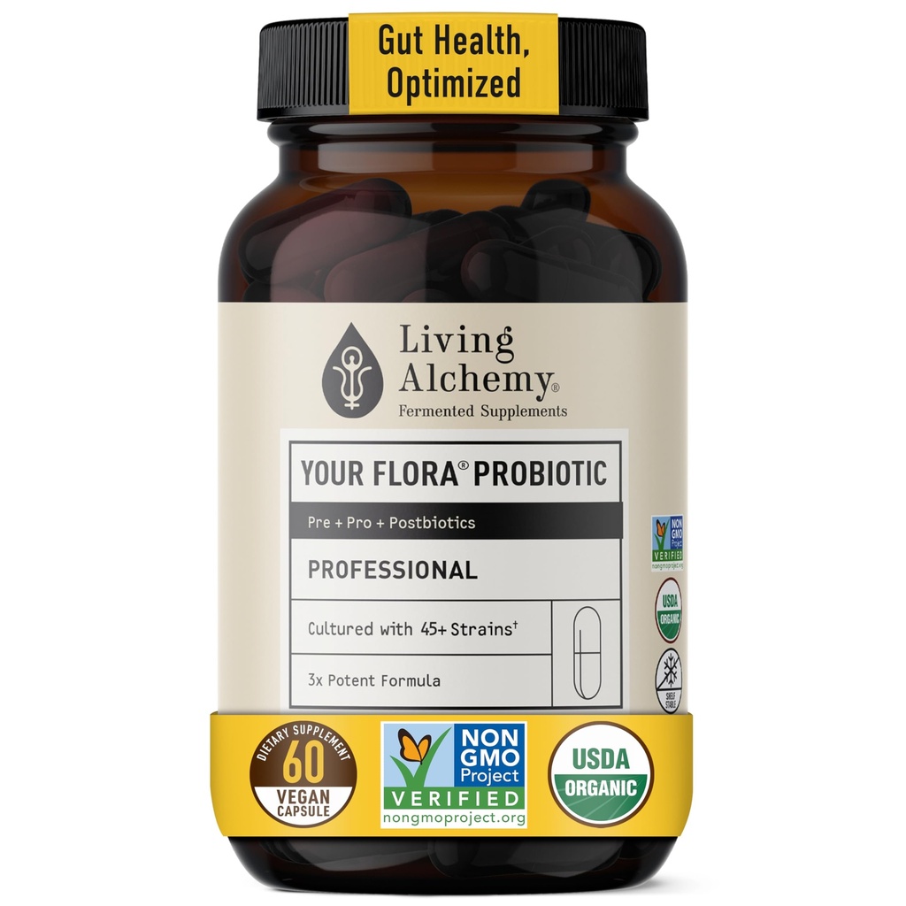 Żywa Alchemy Gut Suplementy zdrowia dla mężczyzn i kobiet - Twoja Flora Probiotic Professional suplement diety z fermentowanej soi, Prebiotyki, Enzym spożywczy - Wegan, Non-GMO, 60 szt.