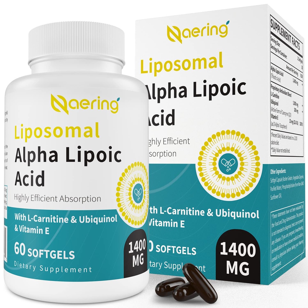 Liposomal Alpha Lipoic Acid 1400mg Softgels, ALA Suplement z L- Carnitine 1000mg, Ubichinol (Active CoQ10) 100mg i Witamina E 10mg, Alpha- Lipoic Acid dla przeciwutleniaczy, Nerve, Energia 60 Softgels