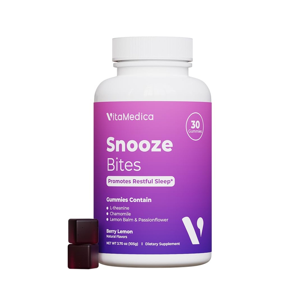 VitaMedica Snooze Sleep Gummies - Melatonine- Free, Zero Groginess - L- Theanine, Rumianek, Passionflower & Lemon Balm - Gummes pomocy snu dla dorosłych - 30 Count