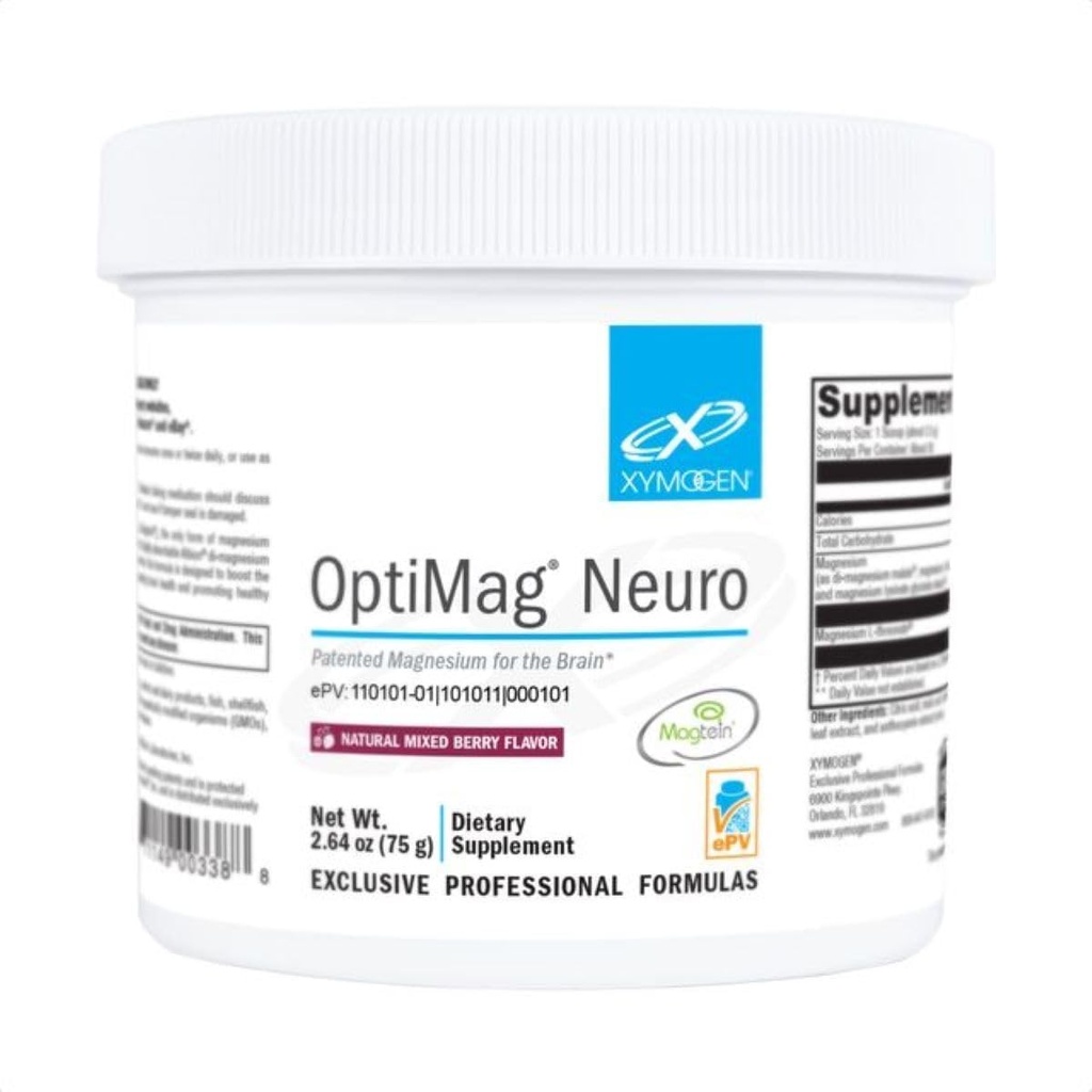 XYMOGEN OptiMag Neuro - Chelatowany proszek magnezu - z Magnezu Glicynian i L- Threonian - Wsparcie zdrowia i relaksacji mózgu - Mieszane Berry (30 Służenie)