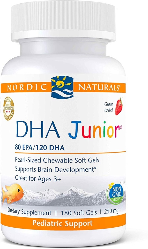 Nordic Naturals Pro DHA Junior, Truskawka - 180 Mini żele do żucia - 250 mg Omega- 3 z EPA & DHA - Rozwój mózgu i funkcje wizualne - Non-GMO - 45 Służenie