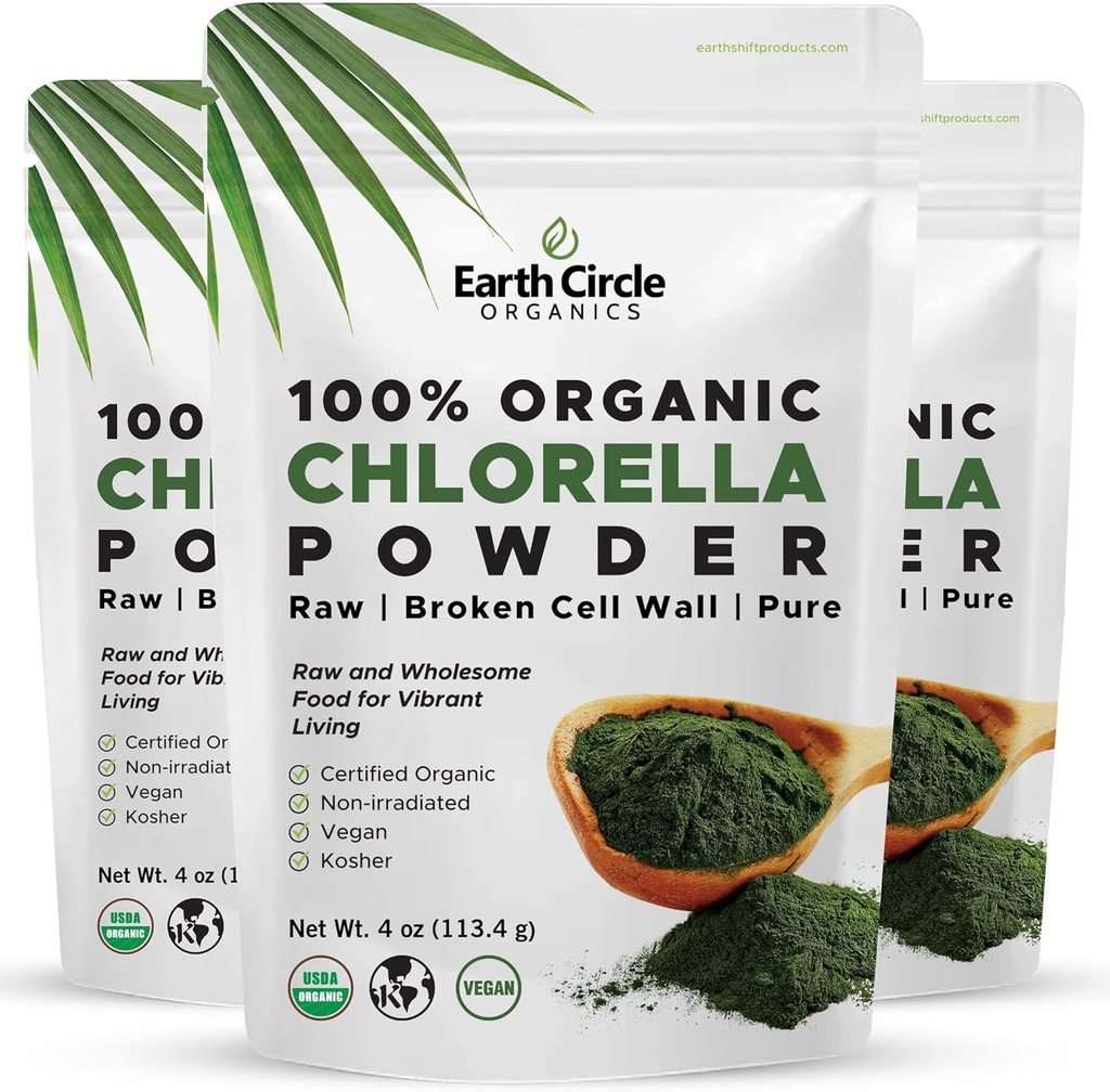 Ziemskie Circle Organic Chlorella Proszek Superfood 124; Koszerna 124; Broken Cell Wall Chlorophyll, Wegan, Super Green Algae, Clean Chlorella, Wysoka w proteinie, Fiber & Amino Acids - 4oz (3 Pack)
