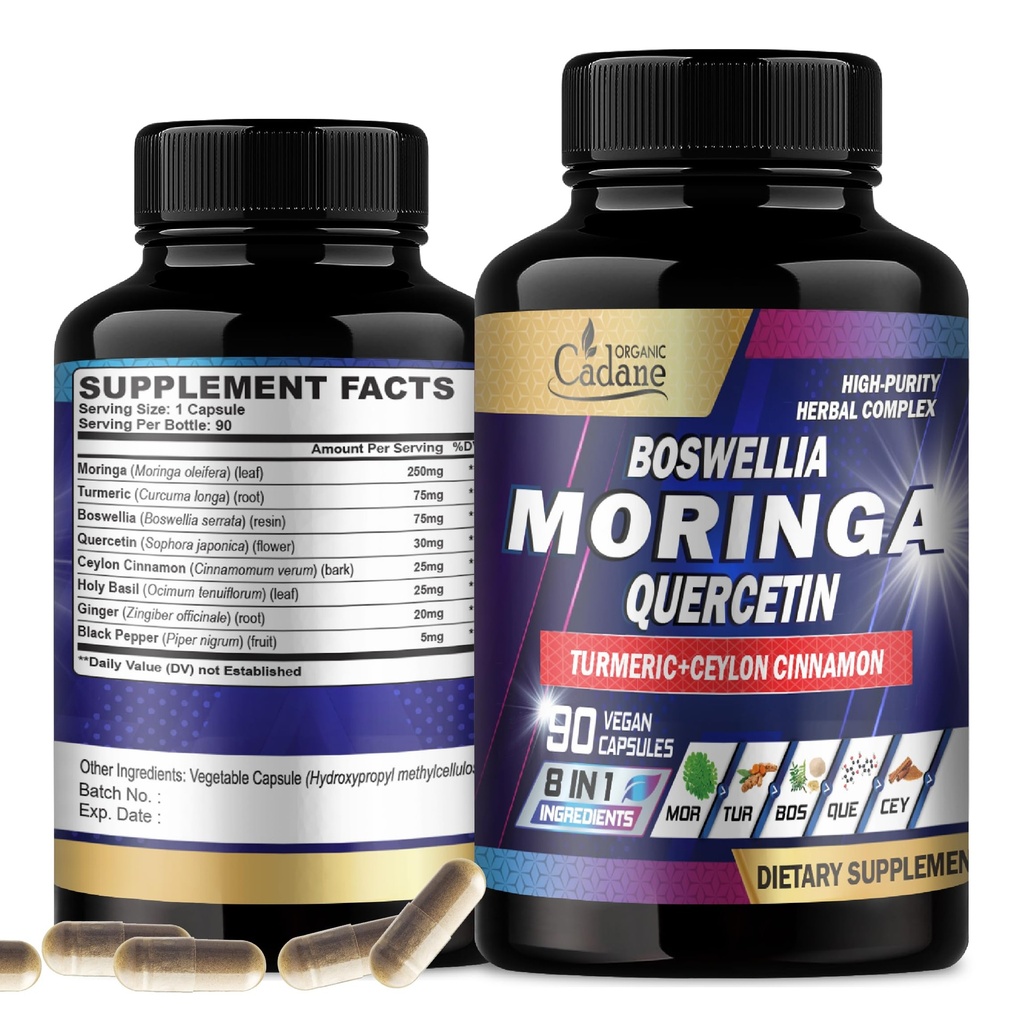 Organiczny Cadane Moringa Leaf z Turmeric, Boswellia, Quercetin, Ceylon Cynamon, Święty Basil, Ginger i czarny pieprz - 8in1 Suplementy - 90 Kapsułki wegetariańskie dla 3-miesięcznych dostaw