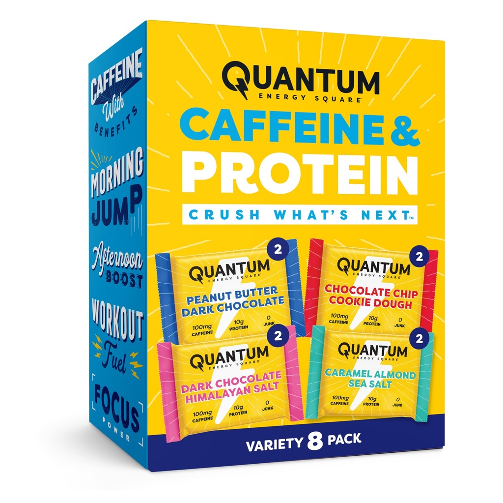 Quantum Energy Square: Energy Bar z kofeiną & 10 g białka. Pyszne zdrowe przekąski On The Go. (Wegan, Gluten- free, Soy- free, Dairy-free) (Variety 8- Pack)
