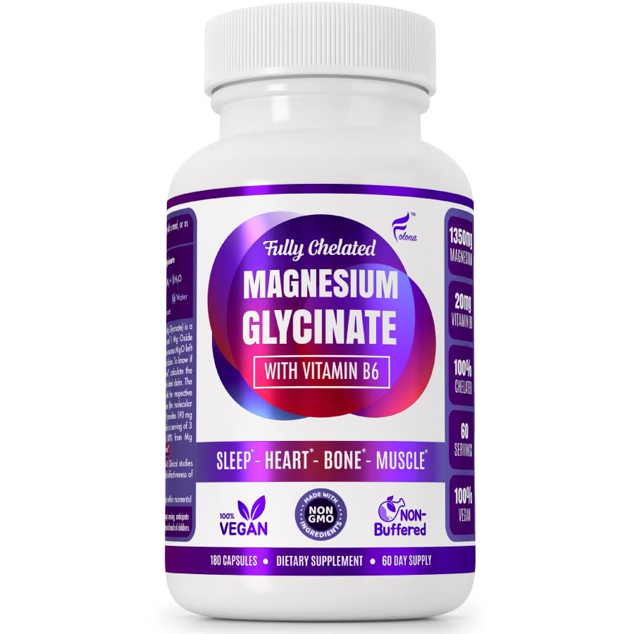 Magnezu glicynian z witaminą B6 Badania udowodnione do zwiększenia absorpcji, 1350mg w pełni chelatowane - Wspiera sen, Stress Relief, Energia, Skurcze mięśni - Gluten Free, NonGMO, 180 Kapsułki wegańskie