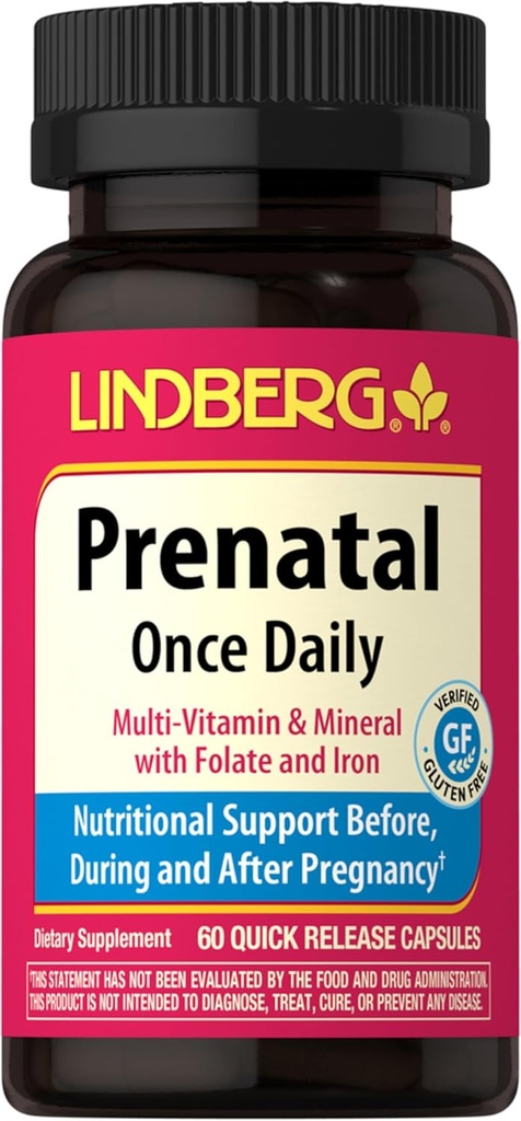 Lindberg Prenatal Witaminy dla kobiet 124; 60 Kapsułki 124; Multiwitaminy i minerały z żelaza i kwasu foliowego 124; Daily Supplement Agregat 124; Non- GMO, Gluten Free