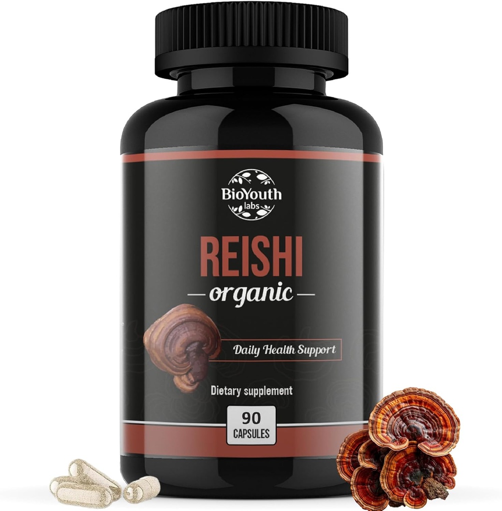 Organic Reishi Mushroom Suplement Kapsułki 124; Non-GMO & Allergen- Free Supply 124; 90 Kapsułki (1- Month Supply)