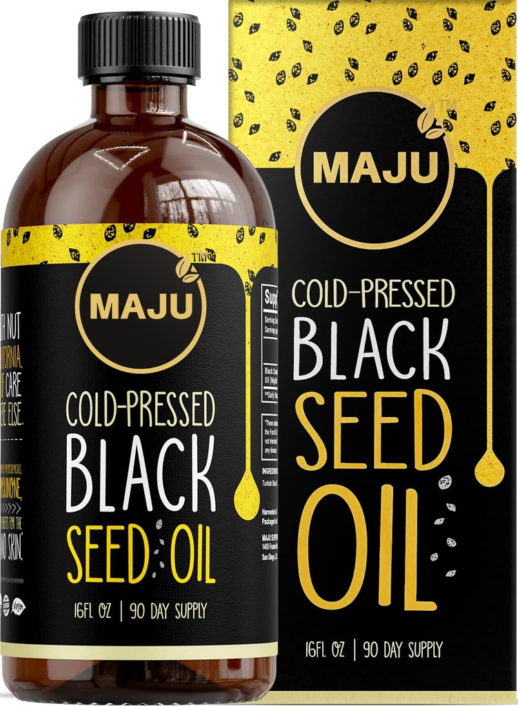 Olejek z czarnego nasion MAJU 16oz: 3X Thymochinon, Cold Presressed, 100% Turecki Czarny Kmin Nigella Sativa Olej z nasion (Lepszy niż organiczny), Non-GMO, 100% Płynny Czysty Krzemień, Butelka szklana