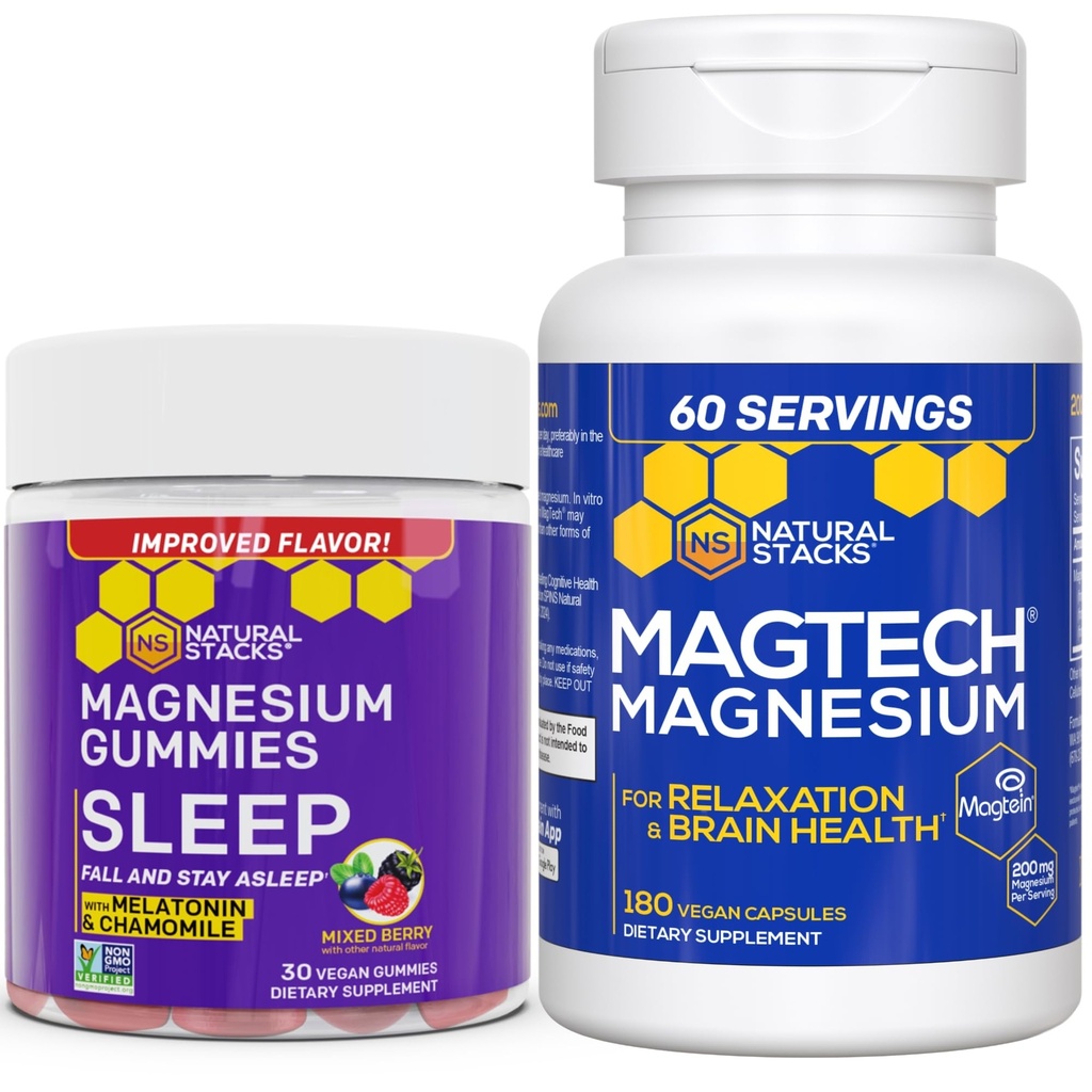 Naturalne stosy Magtech Magnez + Sen Magnezu Cytrate Gummies Bundle - 4 Formy magnezu - Wspomaga Relaks i Zdrowie Mózgu * - 210 Kawałki