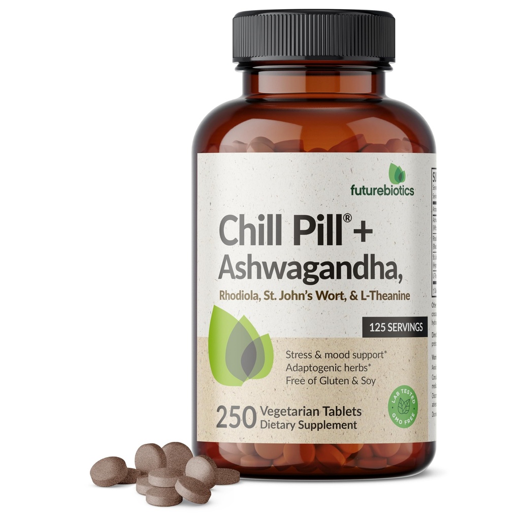 Futurebiotyka Chill Pill + Ashwagandha, Rhodiola, ziele dziurawca, & L- Theanine - Non-GMO, 250 Tabletki wegetariańskie