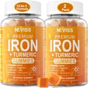 Żelazo Gumiaki + Turmeric 600mg dla kobiet Mężczyźni, Żelazo Suplement z Multivitamin C, A, B- Complex, Fleate, Cynk dla niedoboru żelaza, Anemia i energia, Delikatny, Niezatwardzające, Chewable, Wegan, 2 Pack
