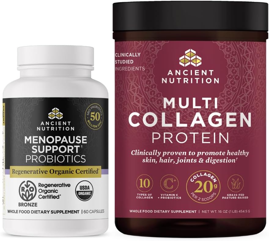 Ancient Nutrition Regenerative Organic Certified Probiotics for Menopauza, 60 Count + Multi Collagen Protein Powder Unflavored, 45 Servings
