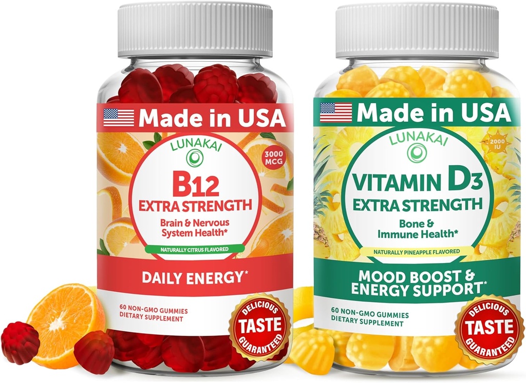 Lunakai Witamina B12 i Witamina D3 Gumias Bundle - 3000 µg B12 i 25 µg 1000 UI VIT D3 - Gluten Free, No Corn Syrop, Organic, Non-GMO, Roślina oparte Żelatyna Free