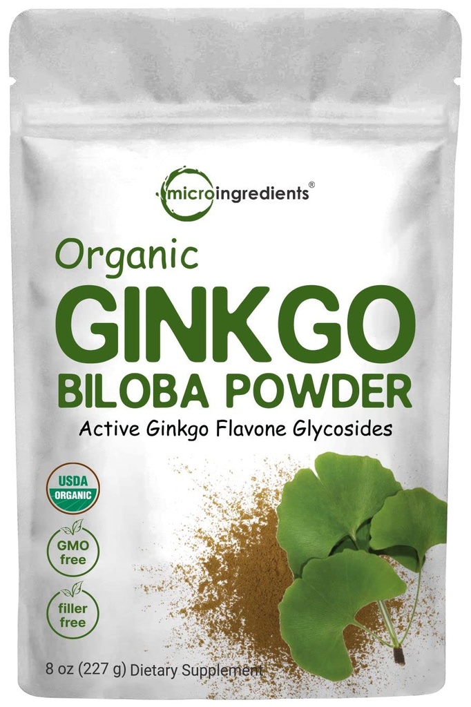 Micro Składniki Surowy organiczny Ginkgo Biloba Proszek, 8 unce (18 miesięcy dostaw), Filler Free, Wspomaga funkcje mózgu i psychicznej alertywności, Bez GMO i Vegan Friendly