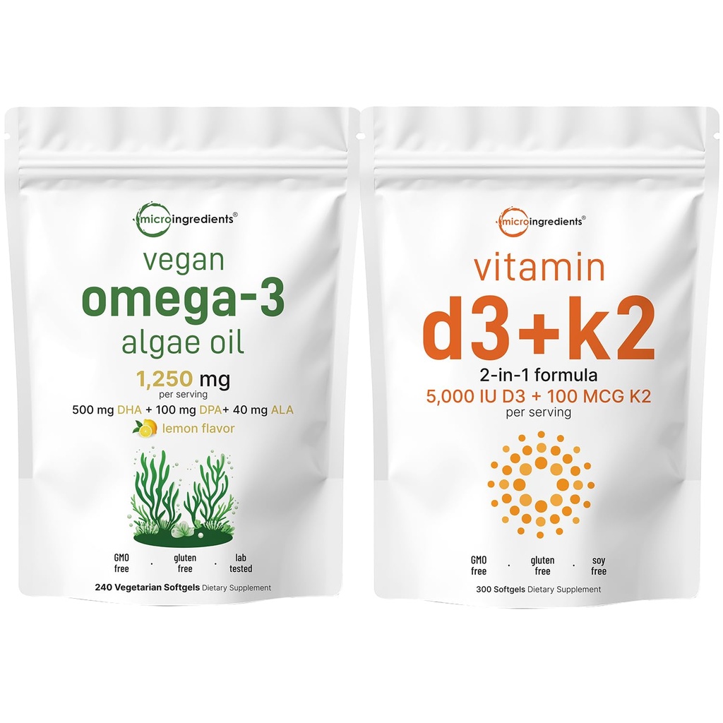 Micro Ingredients Witamina D3 5,000iu + K2 100mcg Softgels & Vegan Omega 3 Algae Oil Supplement Bundle 2 Pack Agricultural 124; Esential Sunshine Vitamin Agriculture 124; Omega-3 Full Spectrum Alternative to Fish Oil