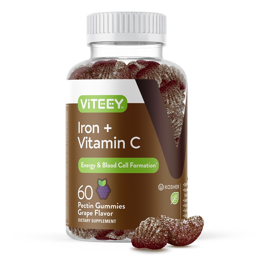 Żelazne gumki Viteey - Żelazo z Witaminą C - Energia, Wsparcie dla Boodów i Suplement do Anemii dla Kobiet i Mężczyzn - Wegan, Gluten Free - 60 Count