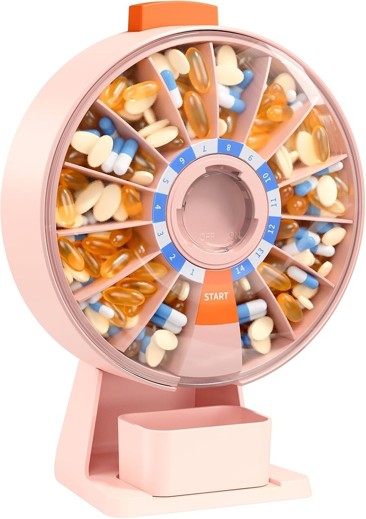 Daviky Pill Dispenser Daily, Duży Pill Organizator z Wall- Monted lub Stand Use, 14 Dni Pill Container, Push Button Design, Tygodniowe Pill Box dla witaminy, Medycyna, Suplement, Olej rybny (różowy)