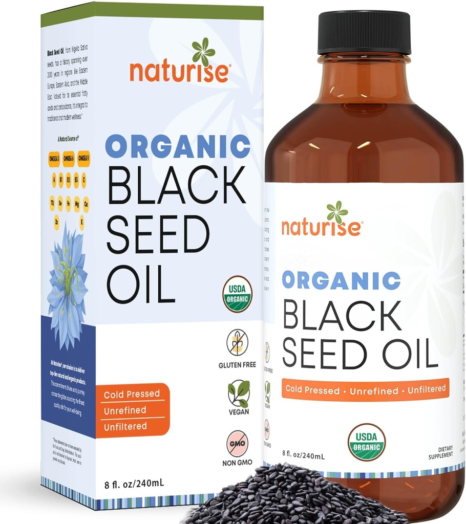 Organiczny olej z nasion czarny (Nigella Sativa, Cmin Seed), niemodyfikowany genetycznie na zimno, 8 oz Butelka szklana Źródło podstawowych tłuszczowych kwasów, Omega 3 6 9 "