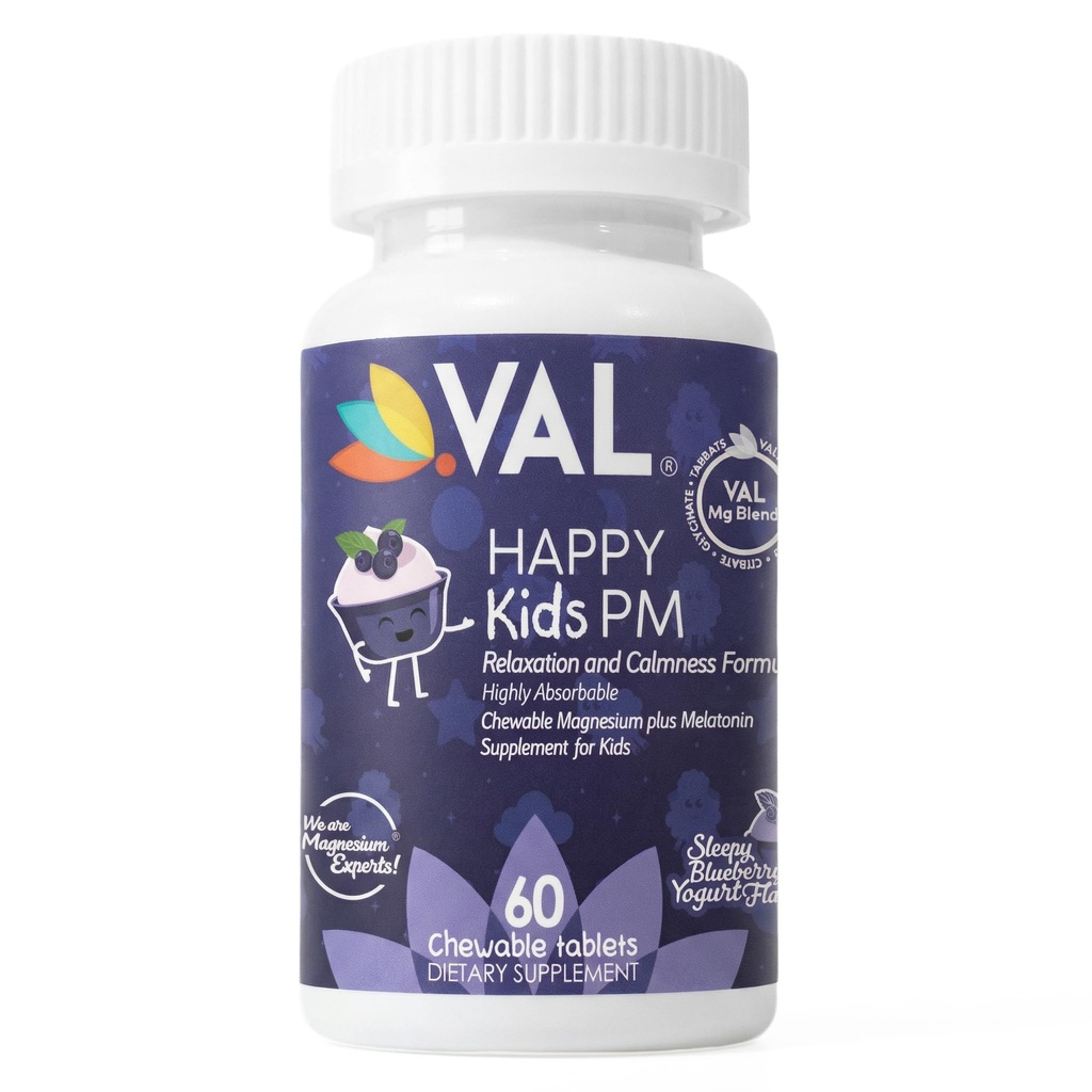 VAL Happy Kids PM XI124; Wsparcie snu dla dzieci z magnezu, Melatonina, Witamina B6 & C XI124; Bez cukru Chewable 124; Jogurt Blueberry Flavor 124; Nie - GMO, Gluten- Free 124; 60 Tabletki 124; Wiek 4 +