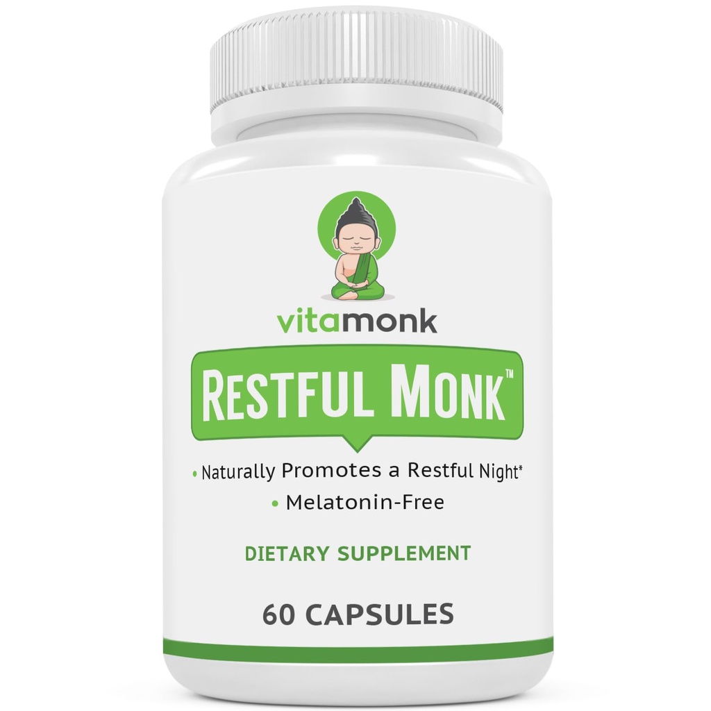 VitaMonk Melatonina bezpłatna pomoc na sen z magnezu, GABA, Theanine i Apigenin - Naturalna pomoc na sen bez melatoniny, Naturalna pomoc na sen dla dorosłych, Pigułki na sen dla dorosłych, Pomoc na sen dla dorosłych