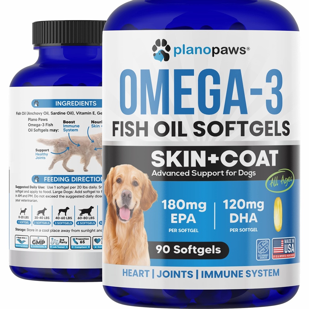 Omega 3 Fish Oil for Dogs - Salmon Oil for Dogs - Dog Fish Oil Supplement Może pomóc Shedding, alergia, Itch Relief - Wspiera suchą skórę, Joints - Dog Skin and Coat Supplement - 90 Fish Oil Pills EPA DHA