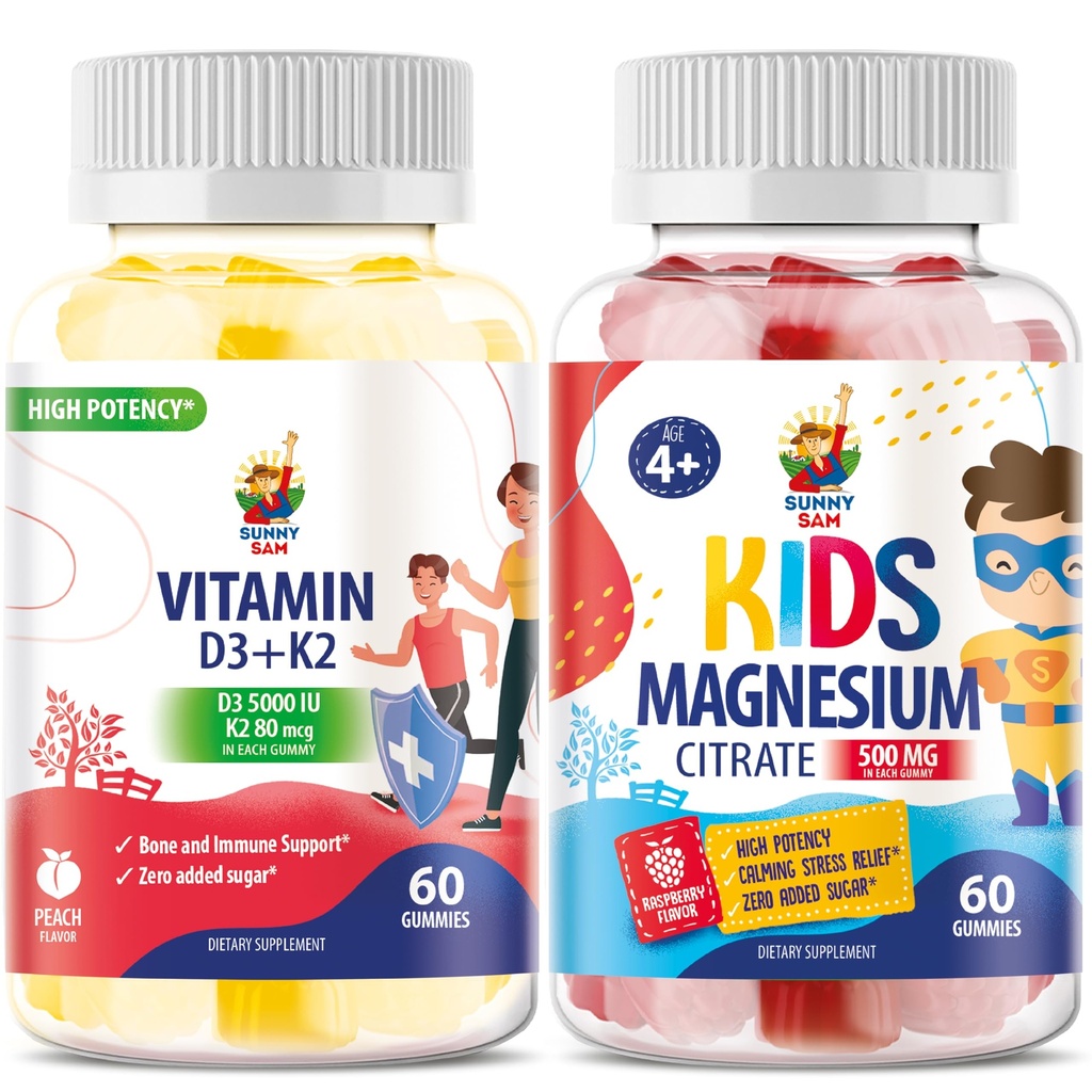 Gumie magnezowe dla dzieci i witaminy D3 K2 Gummies 5000 j.m. - Immune & Bone Support - Suplement Gummy bez witaminy D - Wysoka absorpcja, Wegan, Gummies bez glutenu dla dorosłych