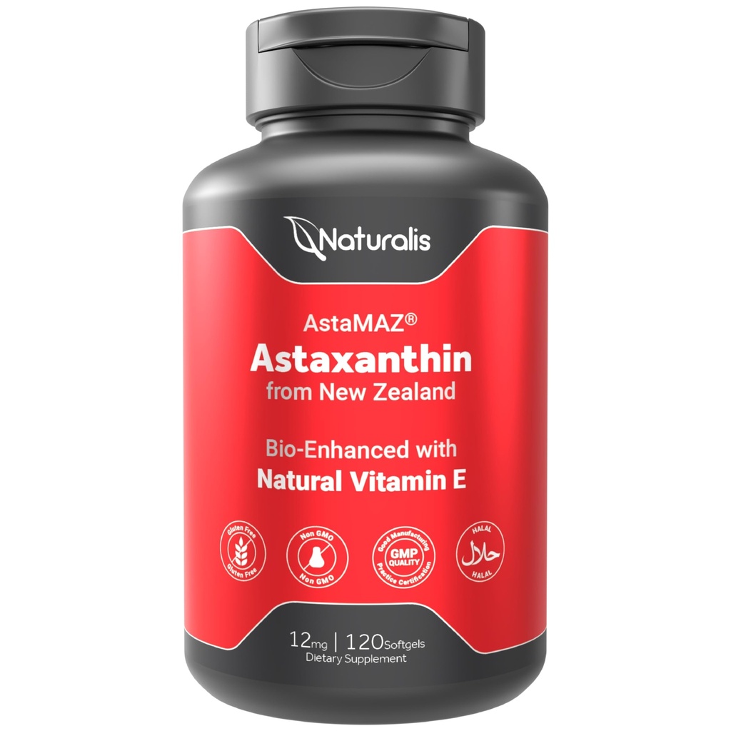 Naturalis Nowa Zelandia Astaksantyna (12mg) 124; Wzmocniona naturalną witaminą E 124; Non-GMO, Soy & Gluten Free 124; 120 Softgels (4 Miesiące dostaw)
