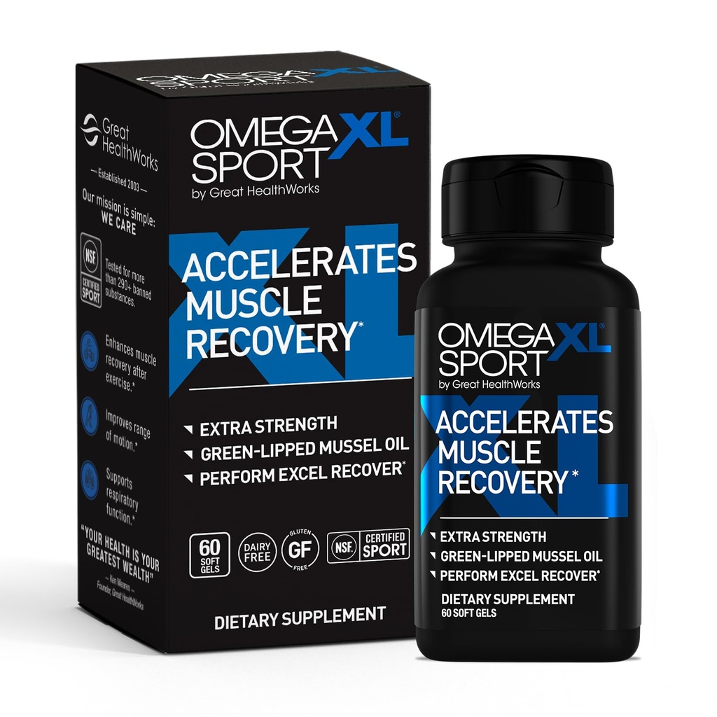 OmegaXL Sport Ekstra Siła Suplement do Odzyskiwania Mięśnie i Suplement Wsparcia oddechowego - Poprawia DOMS i ROM, Klinicznie wspierane Green- Lipped Mussel Oil (60 Softgels)