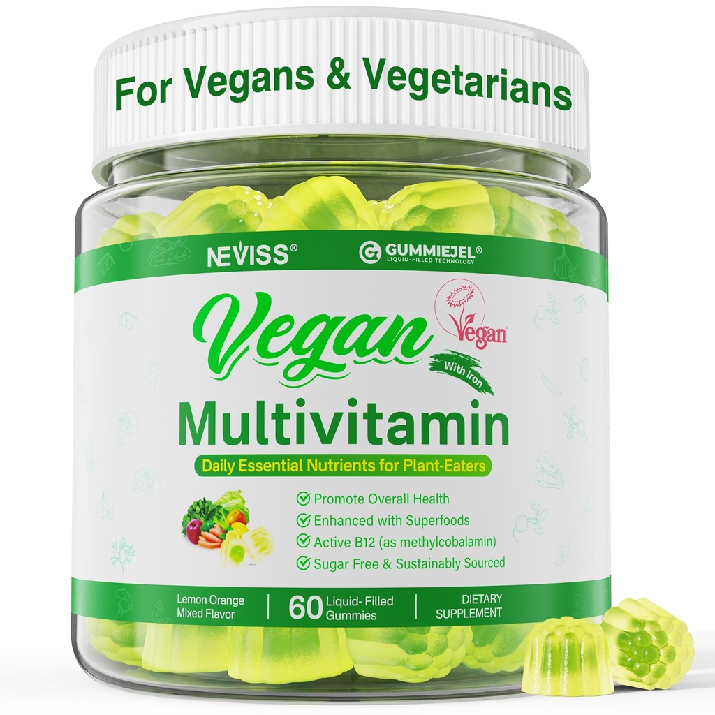 NEVISS Vegan Multivitamin dla kobiet i mężczyzn w / Metyl B12, D3 K2, roślin Omega 3 (DHA + EPA), Żelazo, Cholina, Cynk, Whole Food Daily Vitamin Gummies dla Wegans & Wegetarian, Cukier wolny, 60Cts