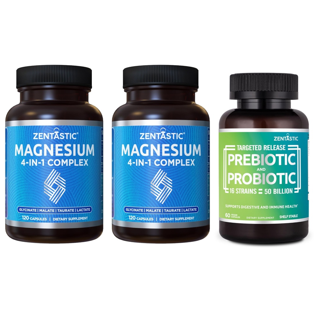 Zentastic 2 Pack 4- in-1 Magnezu Complex - Chelated Magnezu Glicynian, jabłczan, Taurate & Lactate & 1 Pack Probiotyki i Prebiotyki Suplement