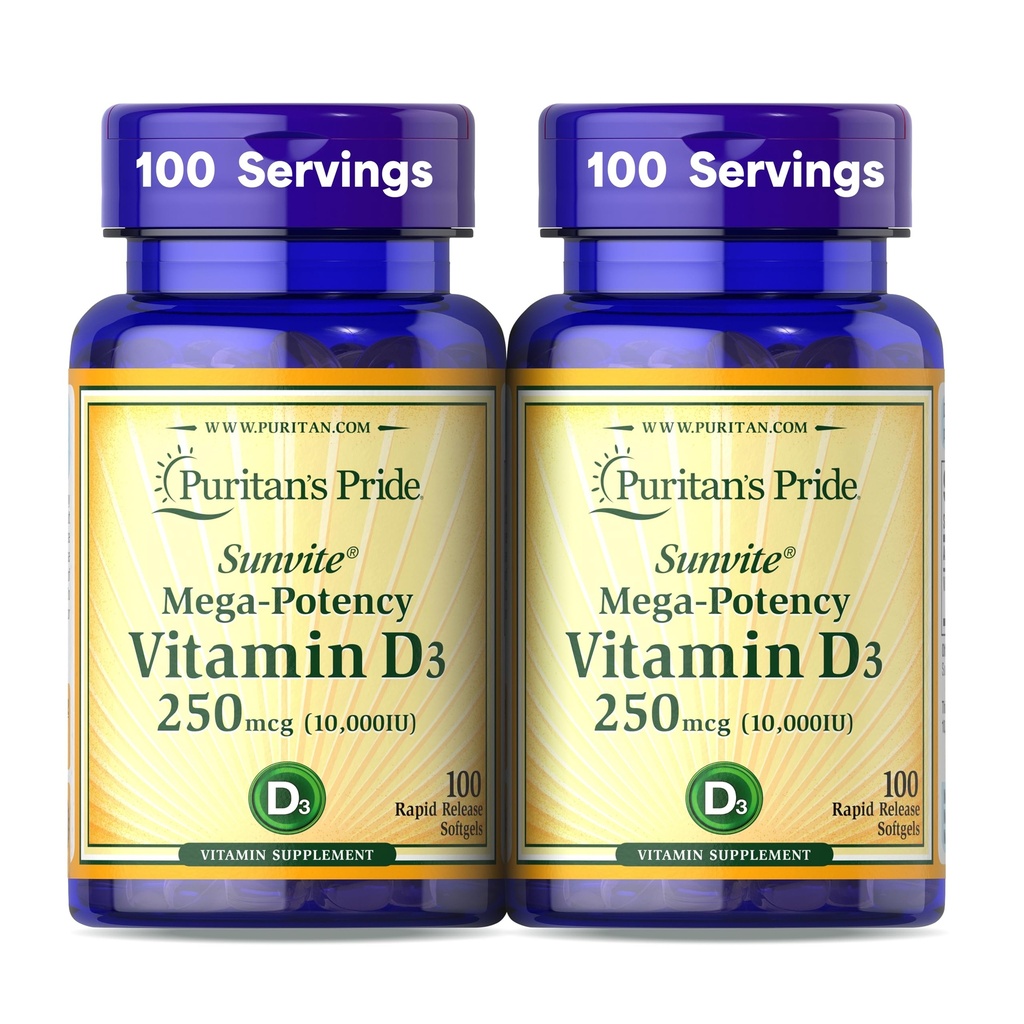 Puritan Pride Premium Sunvite ™ Mega-Potencja Witamina D3 10.000 IU, Suplement diety dla zdrowych kości, zębów i wsparcia systemu immunologicznego, 100 Softgels szybkiego wydania